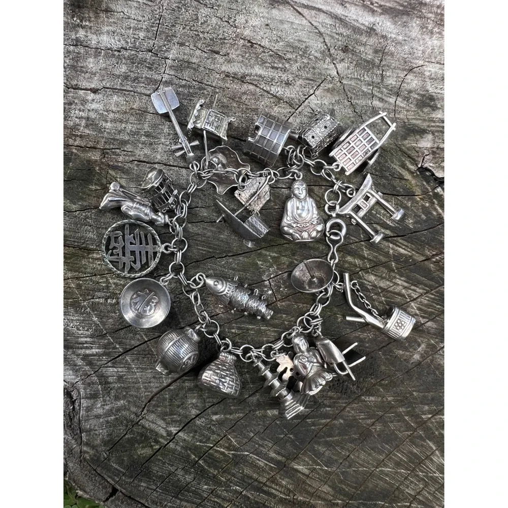 VTG 925 Sterling Silver Asian Theme 3D Articulated Overloaded 22 Charms Bracelet